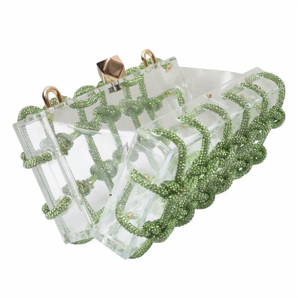 Clear Green Acrylic Box Clutch Purse Beaded Net Overlay Top Handle